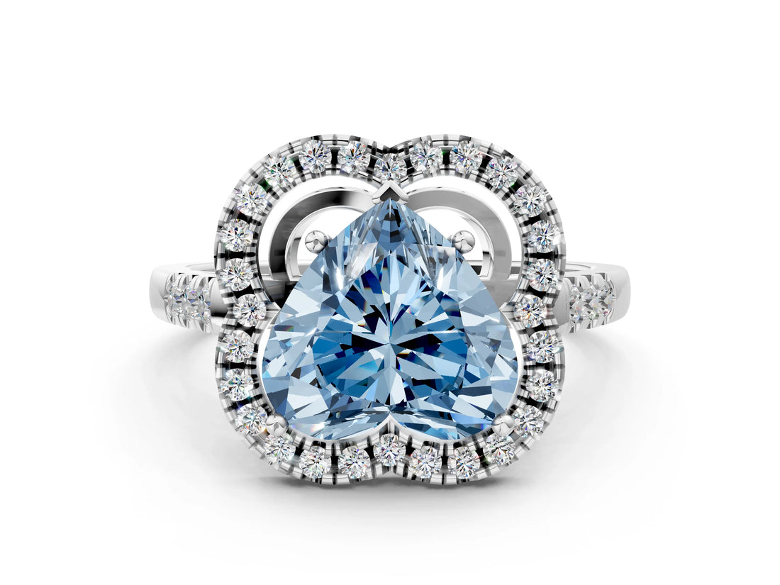 White gold Fancy Blue Heart Cut Diamond Floral Halo Split Shank Prong Setting Ring_12