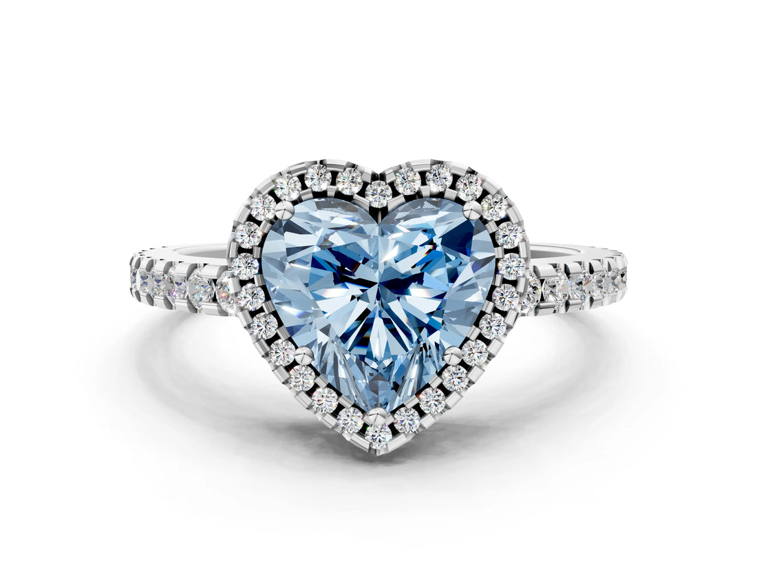 White gold Fancy Blue Heart Cut Diamond Halo Engagement Ring with Pavé Band and Prong Setting_39