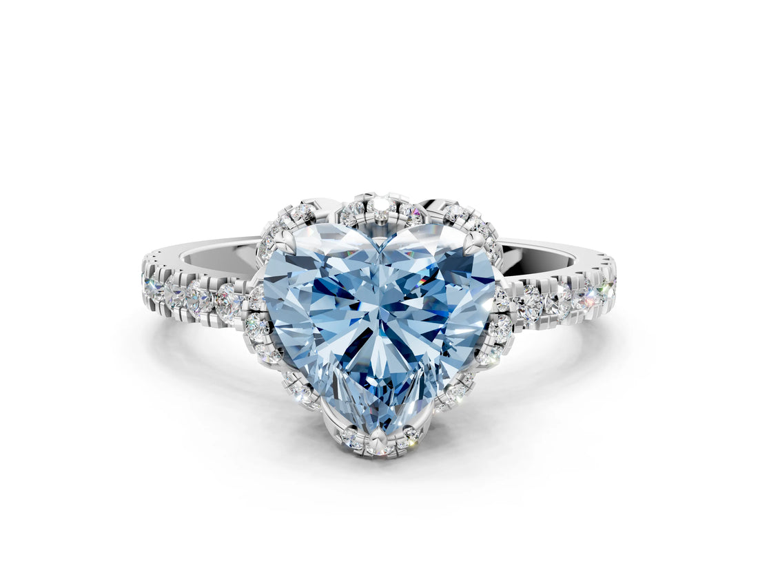 White gold Fancy Blue Heart Cut Diamond Halo Pave Band with Four-Prong Setting_3
