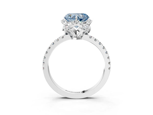 Platinum Fancy Blue Heart Cut Diamond Halo Pave Band with Four-Prong Setting