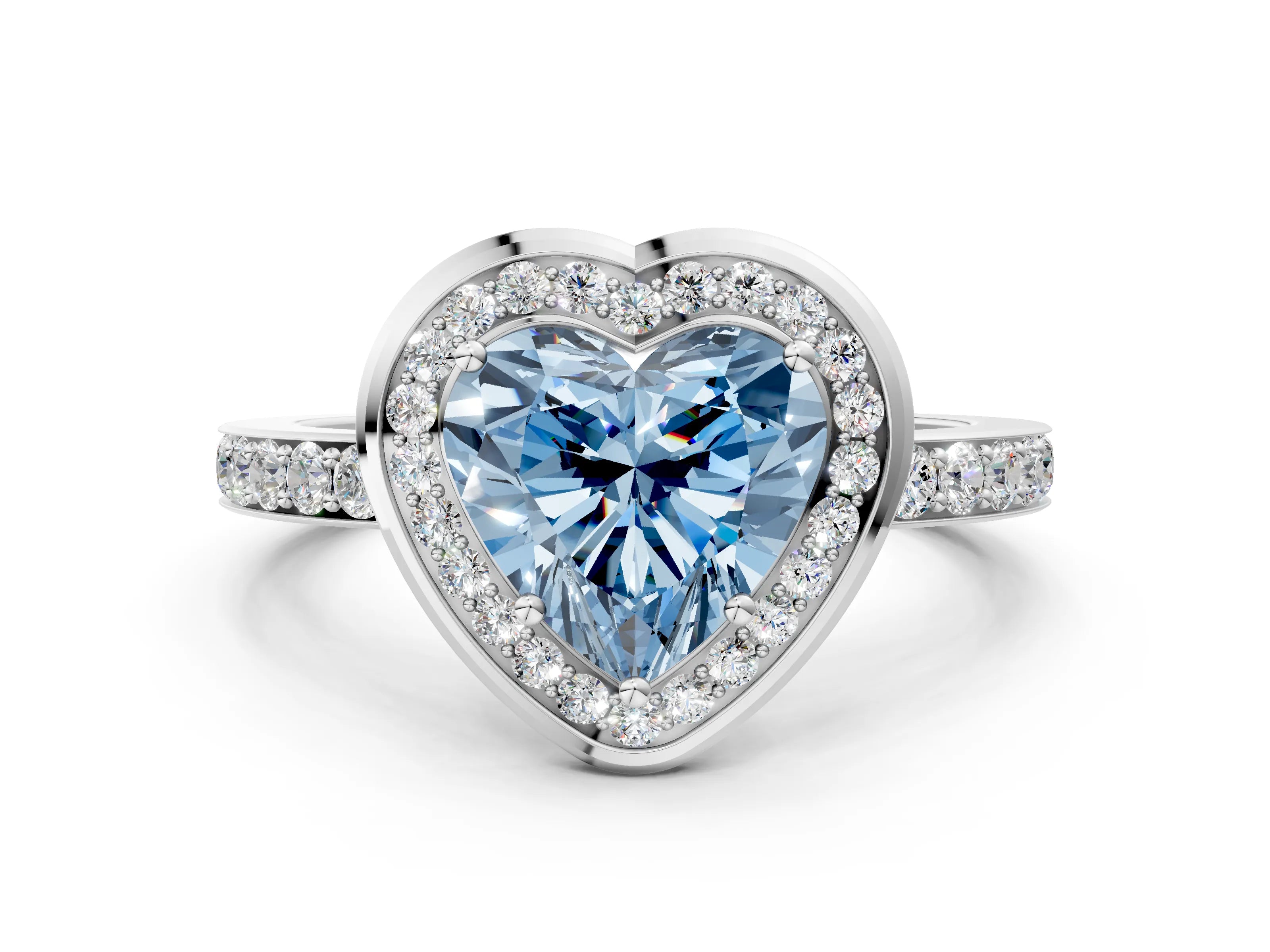 White gold Fancy Blue Heart Cut Diamond Halo Ring with Bezel Frame and Pavé Band