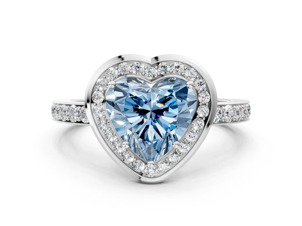 Platinum Fancy Blue Heart Cut Diamond Halo Ring with Bezel Frame and Pavé Band