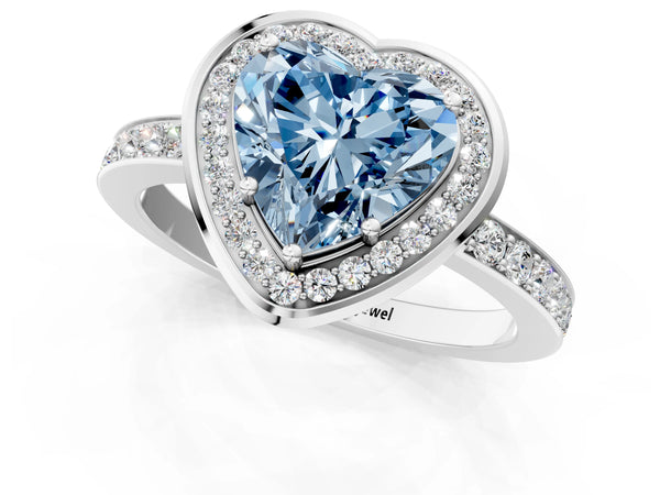 Platinum Fancy Blue Heart Cut Diamond Halo Ring with Bezel Frame and Pavé Band