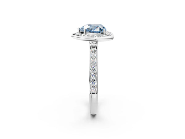 Platinum Fancy Blue Heart Cut Diamond Halo Ring with Bezel Frame and Pavé Band
