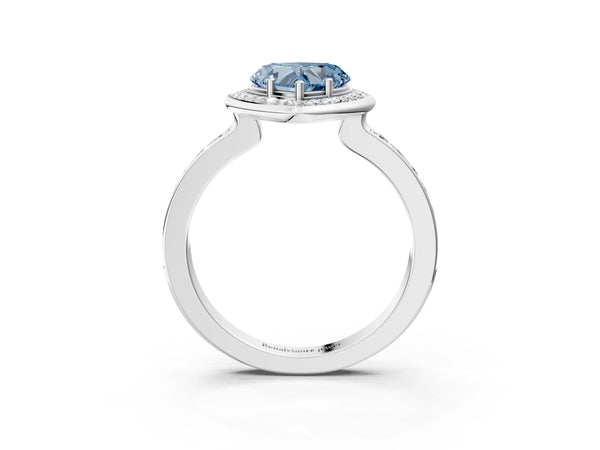 Platinum Fancy Blue Heart Cut Diamond Halo Ring with Bezel Frame and Pavé Band