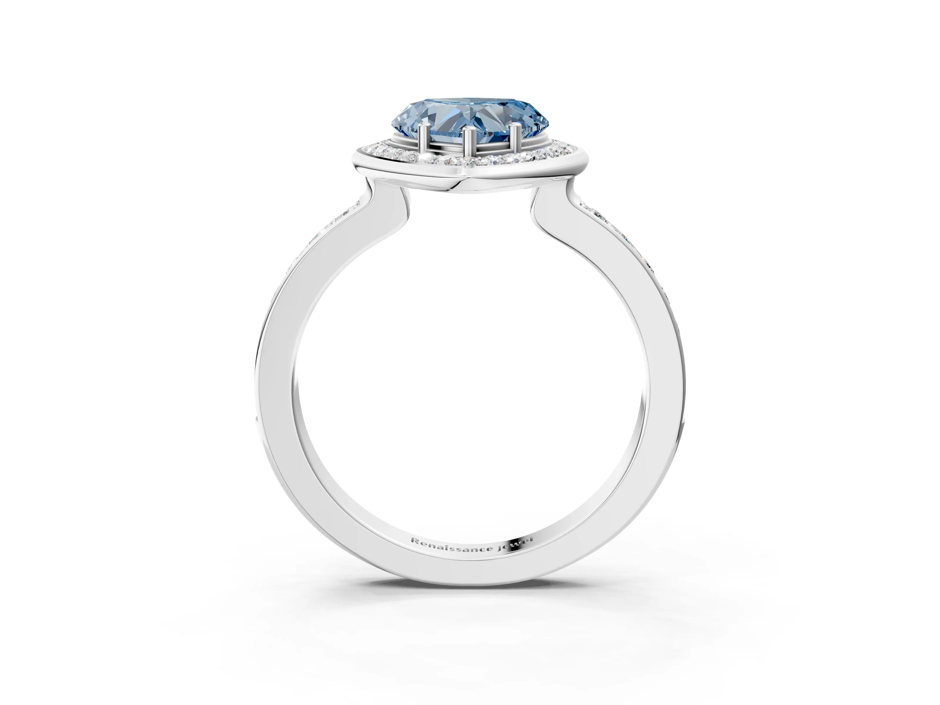 White gold Fancy Blue Heart Cut Diamond Halo Ring with Bezel Frame and Pavé Band_3