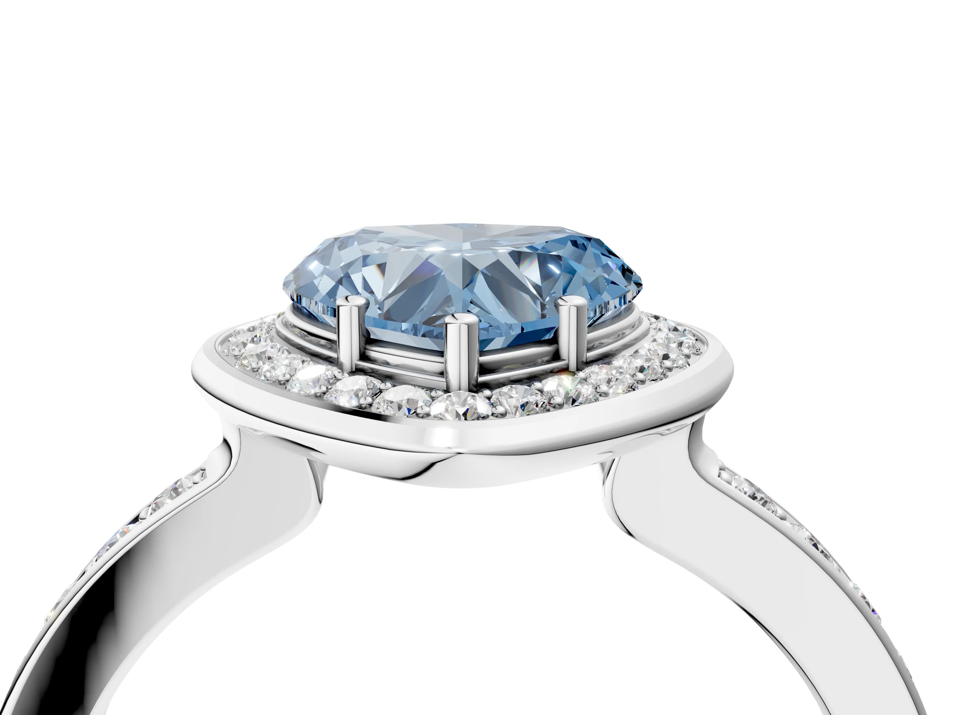 White gold Fancy Blue Heart Cut Diamond Halo Ring with Bezel Frame and Pavé Band_4