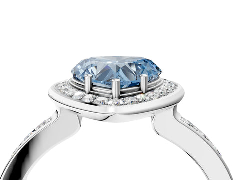 White gold Fancy Blue Heart Cut Diamond Halo Ring with Bezel Frame and Pavé Band_4