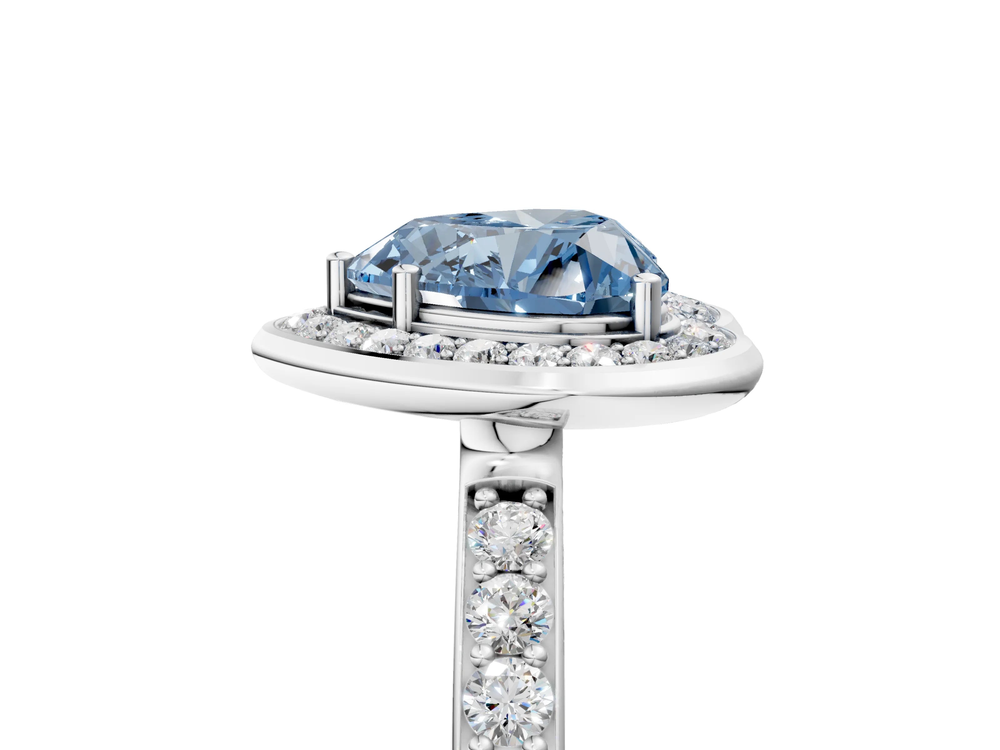 White gold Fancy Blue Heart Cut Diamond Halo Ring with Bezel Frame and Pavé Band_5