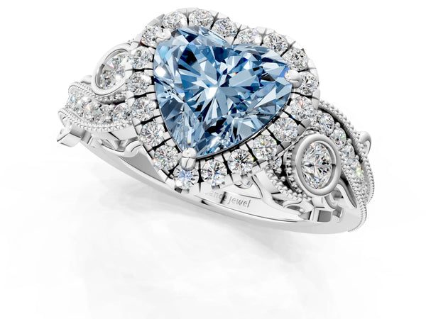 Platinum Fancy Blue Heart Cut Diamond Halo Ring with Milgrain Pavé Band and Four-Prong Setting