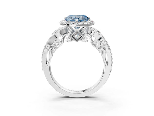 Platinum Fancy Blue Heart Cut Diamond Halo Ring with Milgrain Pavé Band and Four-Prong Setting