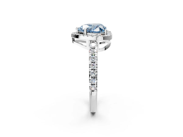 Platinum Fancy Blue Heart Cut Diamond Halo Ring with Pavé Band and Four-Prong Setting