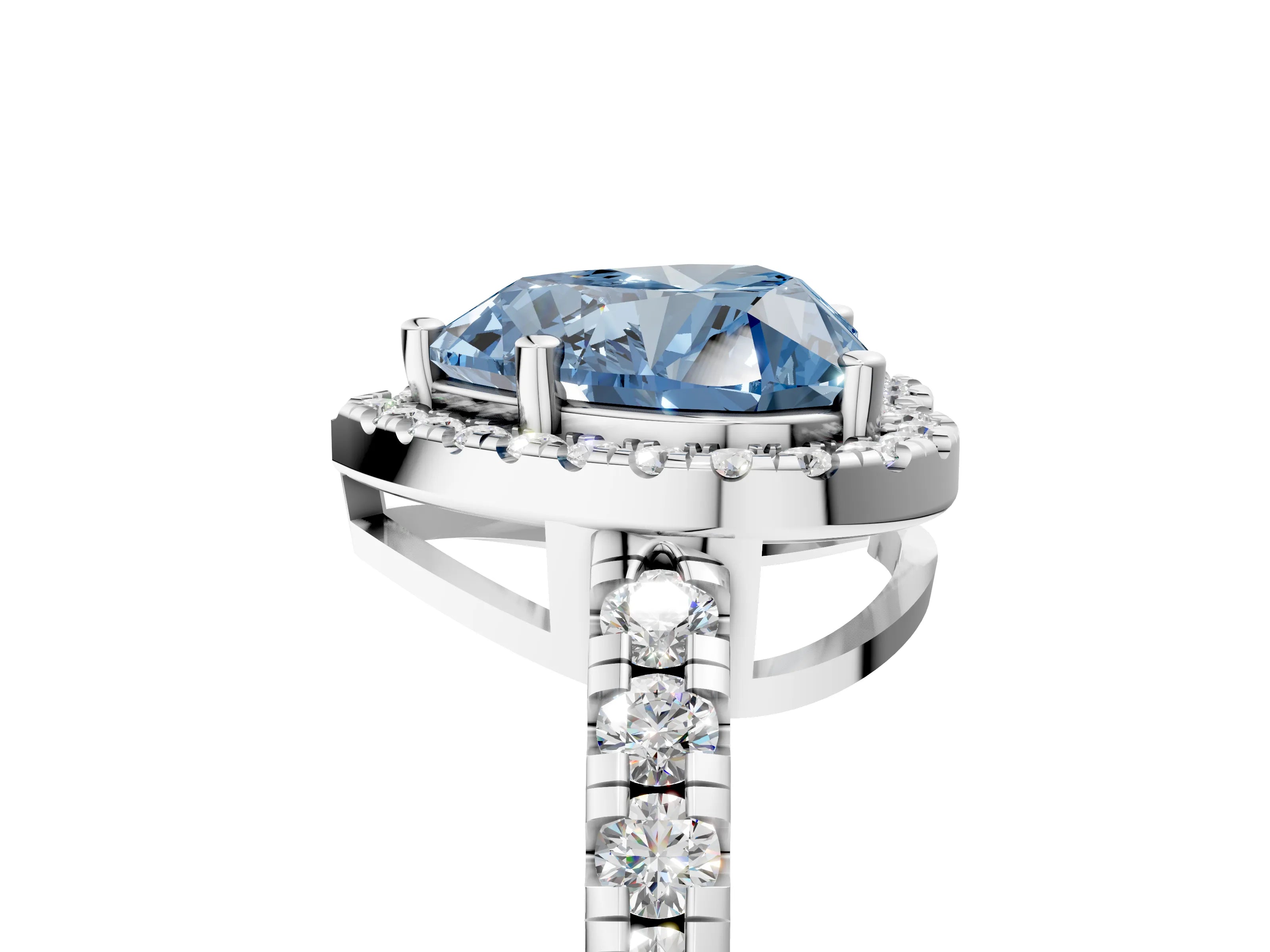 White gold Fancy Blue Heart Cut Diamond Halo Ring with Pavé Band and Four-Prong Setting_17