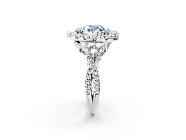 White gold Fancy Blue Heart Cut Diamond Halo Ring with Pavé Band and Four-Prong Setting