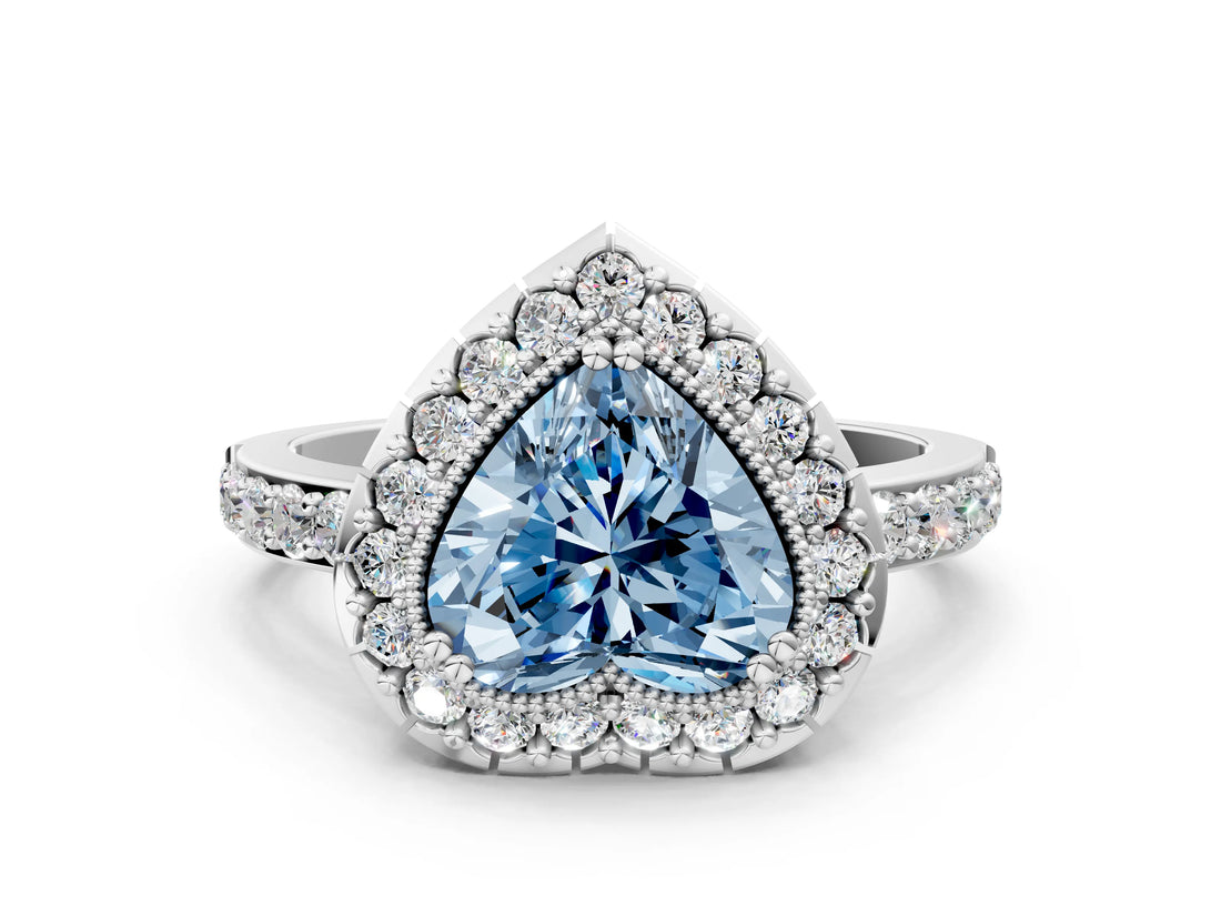White gold Fancy Blue Heart Cut Diamond Halo Ring with Pavé Band and Prong Setting_12
