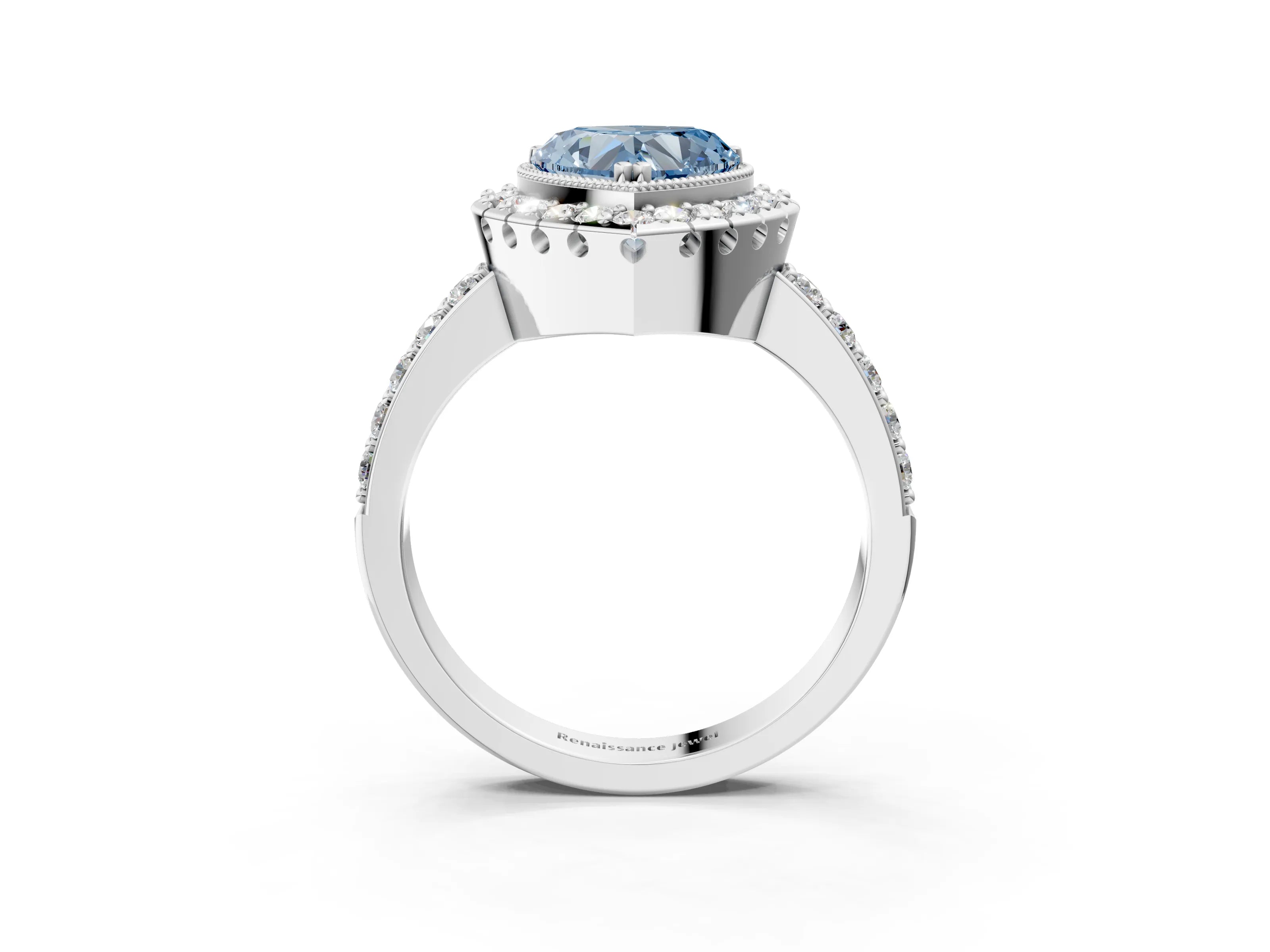 White gold Fancy Blue Heart Cut Diamond Halo Ring with Pavé Band and Prong Setting_15