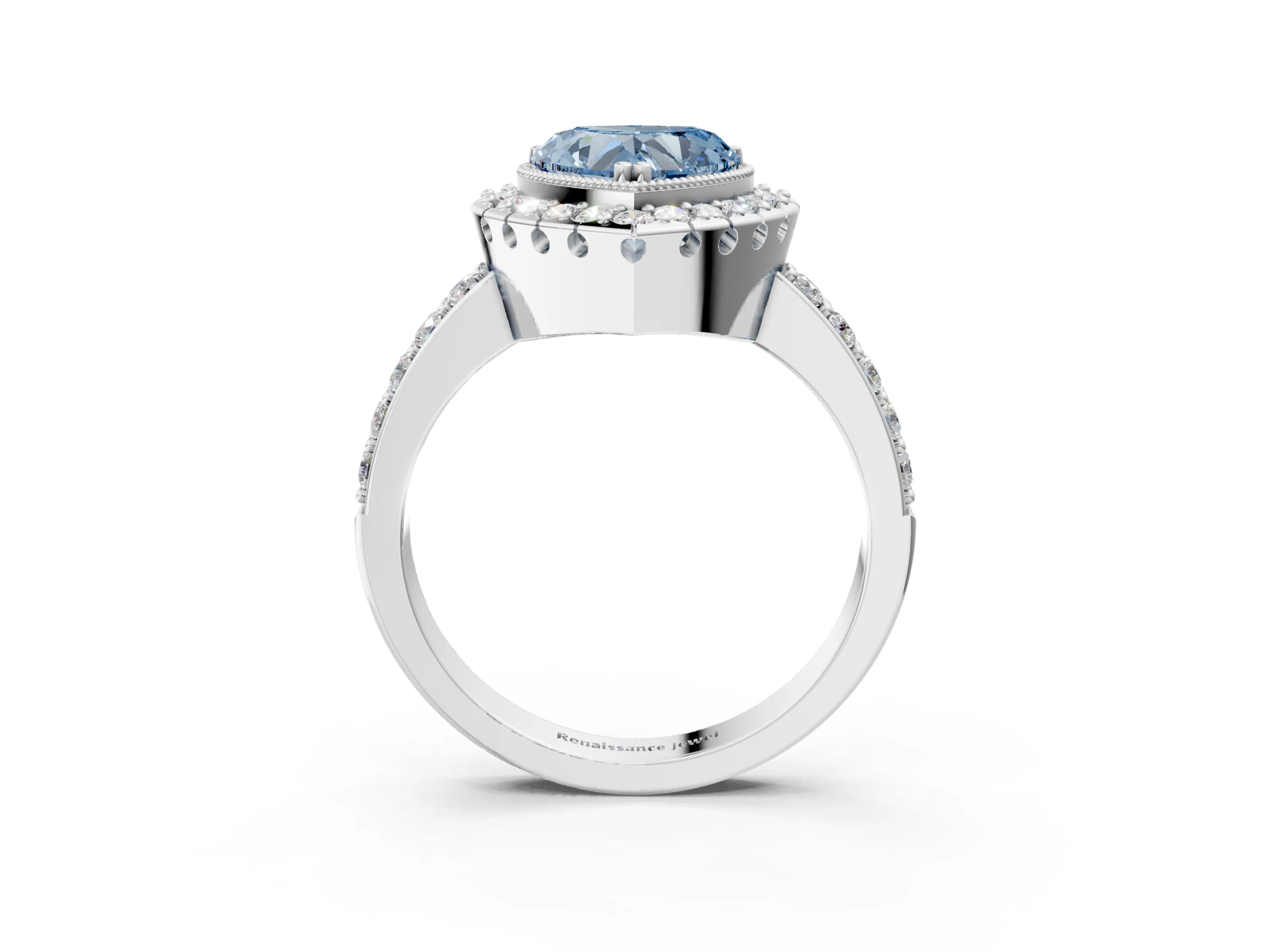 White gold Fancy Blue Heart Cut Diamond Halo Ring with Pavé Band and Prong Setting_3