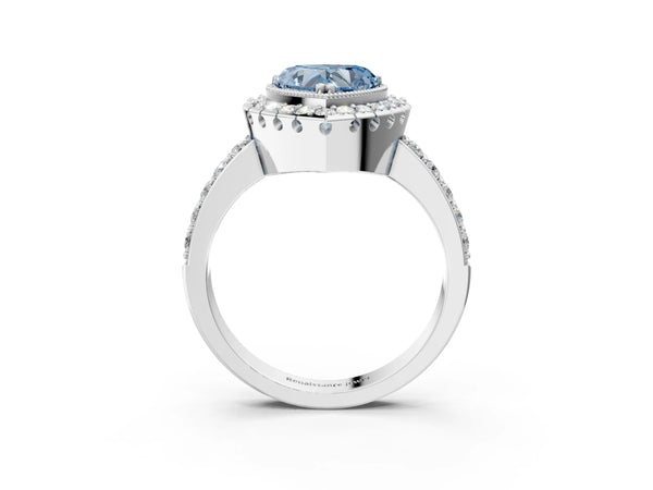 White gold Fancy Blue Heart Cut Diamond Halo Ring with Pavé Band and Prong Setting