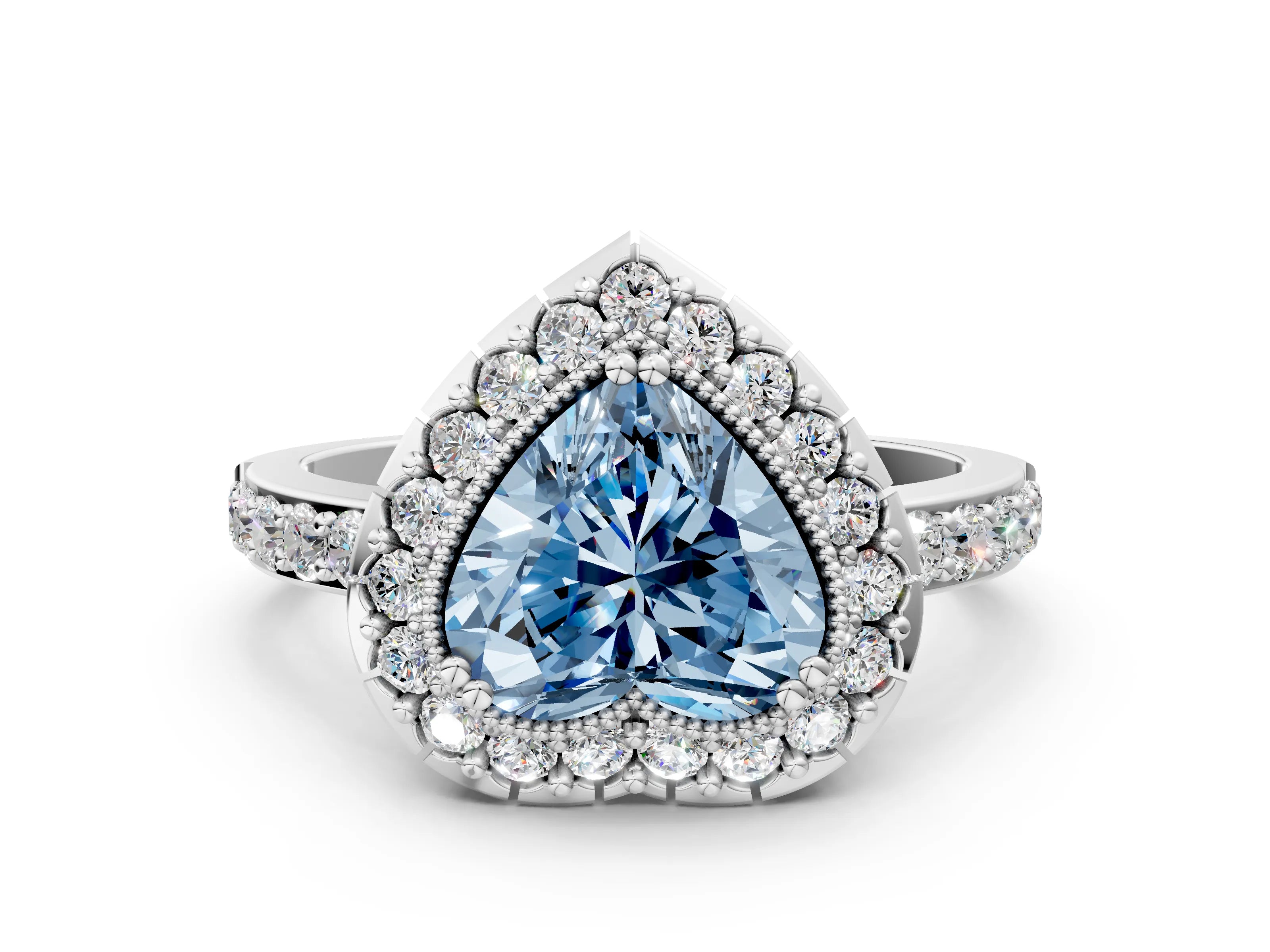 White gold Fancy Blue Heart Cut Diamond Halo Ring with Pavé Band and Prong Setting