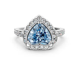 White gold Fancy Blue Heart Cut Diamond Halo Ring with Pavé Band and Prong Setting