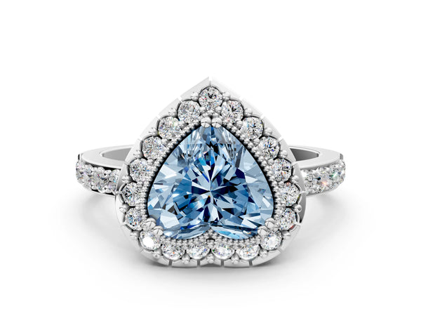 White gold Fancy Blue Heart Cut Diamond Halo Ring with Pavé Band and Prong Setting