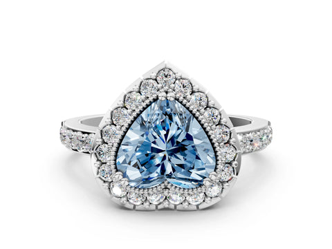 White gold Fancy Blue Heart Cut Diamond Halo Ring with Pavé Band and Prong Setting