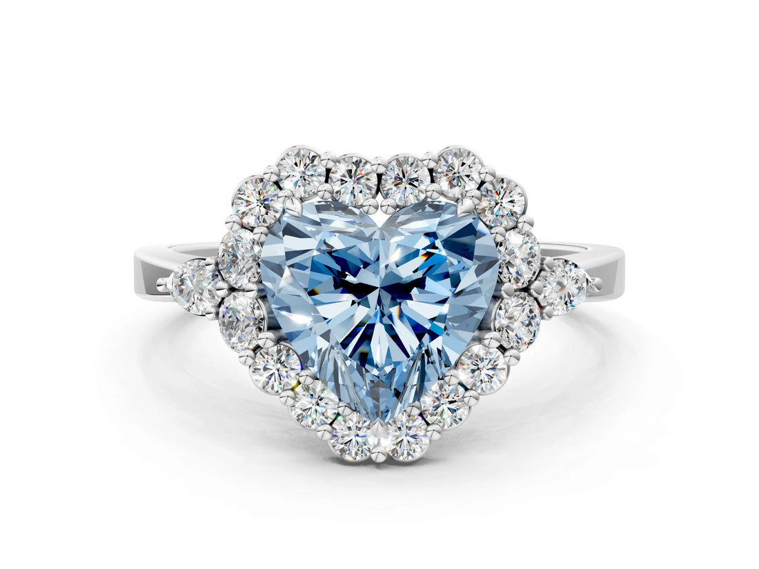 White gold Fancy Blue Heart Cut Diamond Halo Ring with Pear Side Stones and Prong Setting_75