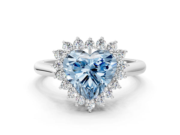 White gold Fancy Blue Heart  Cut Diamond Halo Ring with Solitaire Band and Prong Setting