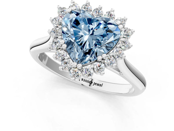 White gold Fancy Blue Heart  Cut Diamond Halo Ring with Solitaire Band and Prong Setting