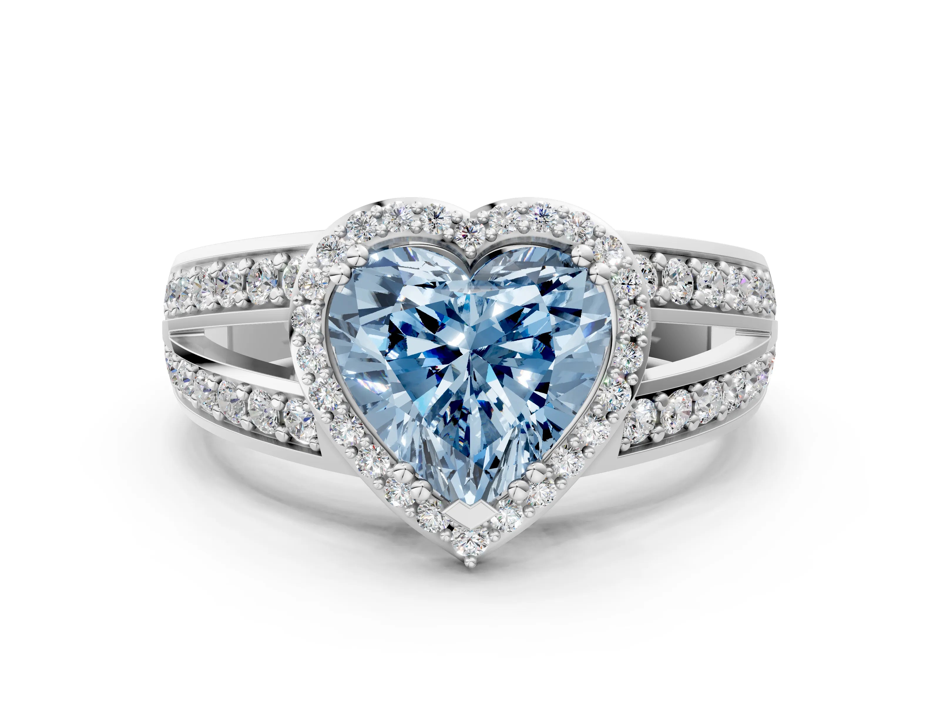 White gold Fancy Blue Heart Cut Diamond Halo Ring with Split Shank Pavé Band and Four-Prong Setting_22