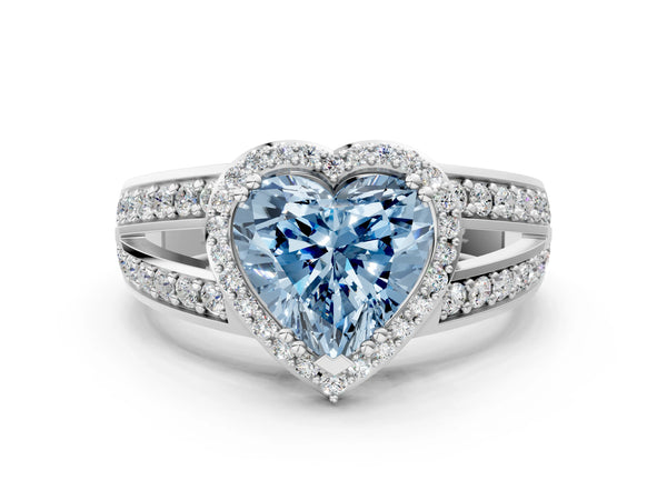 Platinum Fancy Blue Heart Cut Diamond Halo Ring with Split Shank Pavé Band and Four-Prong Setting
