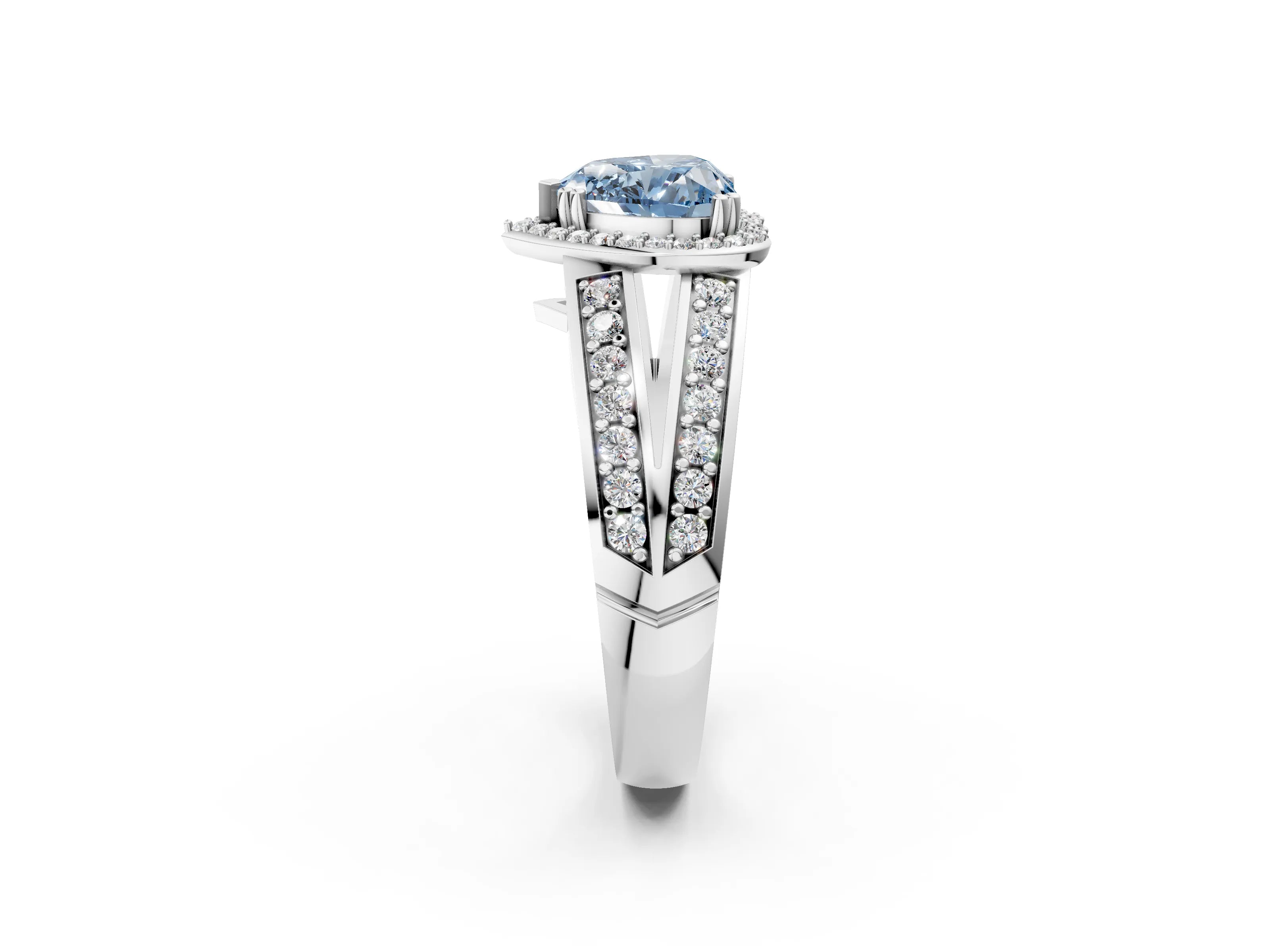 White gold Fancy Blue Heart Cut Diamond Halo Ring with Split Shank Pavé Band and Four-Prong Setting_36