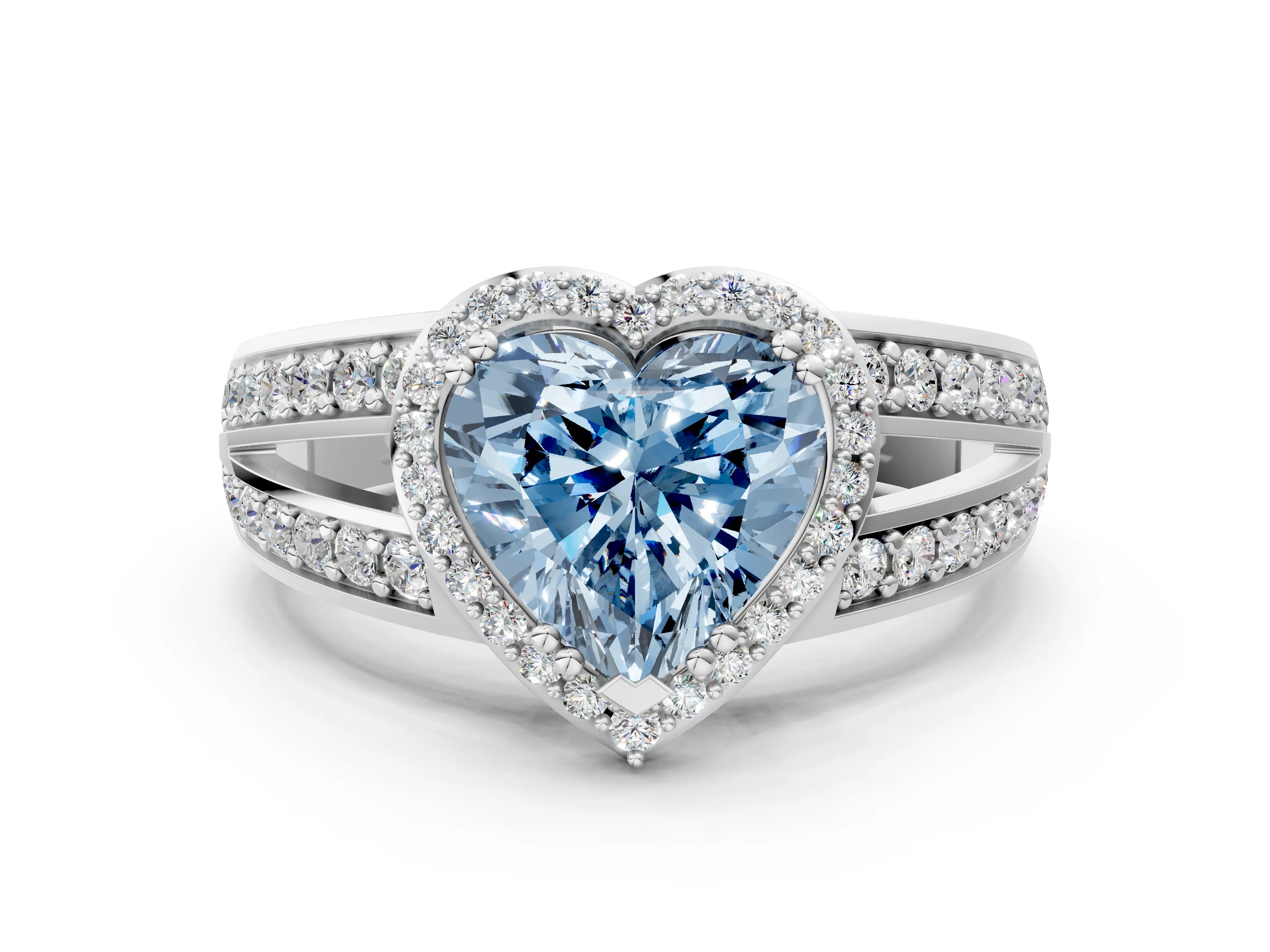 White gold Fancy Blue Heart Cut Diamond Halo Ring with Split Shank Pavé Band and Four-Prong Setting_40