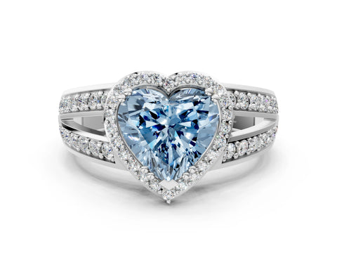 White gold Fancy Blue Heart Cut Diamond Halo Ring with Split Shank Pavé Band and Four-Prong Setting