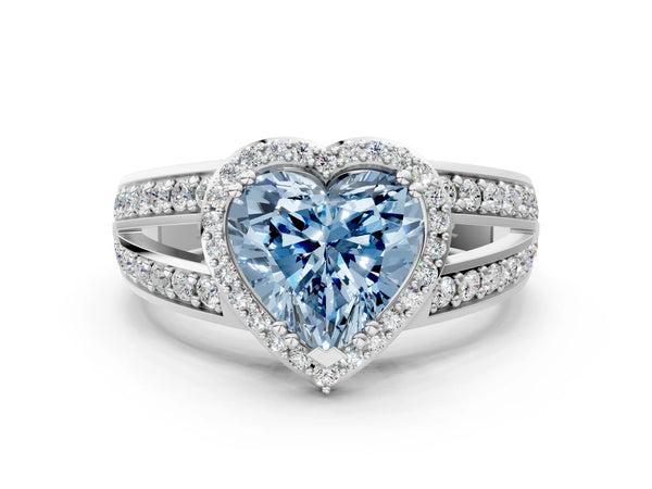 Platinum Fancy Blue Heart Cut Diamond Halo Ring with Split Shank Pavé Band and Four-Prong Setting