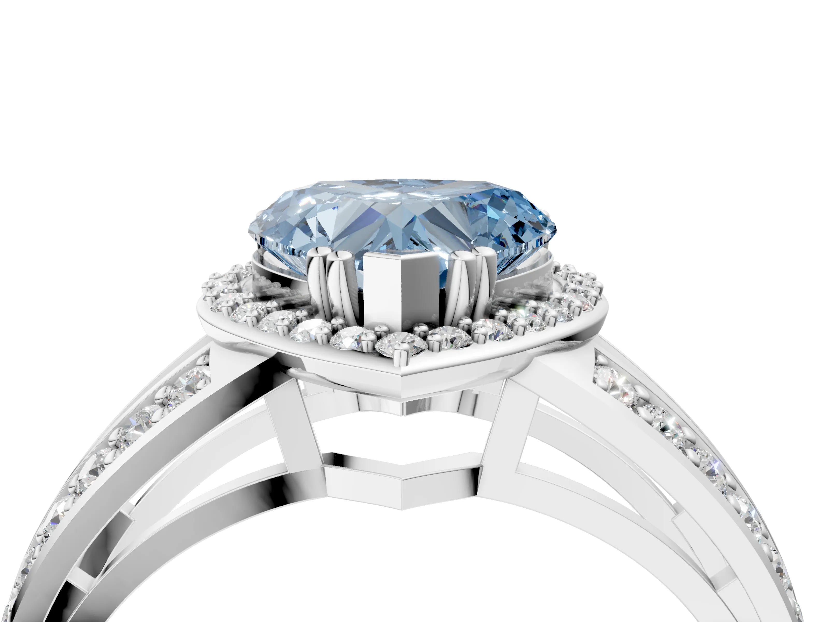White gold Fancy Blue Heart Cut Diamond Halo Ring with Split Shank Pavé Band and Four-Prong Setting_46