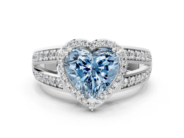 Platinum Fancy Blue Heart Cut Diamond Halo Ring with Split Shank Pavé Band and Four-Prong Setting