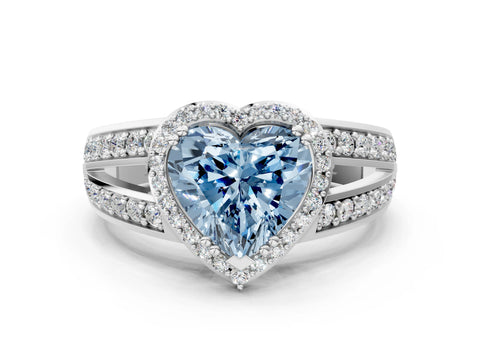 White gold Fancy Blue Heart Cut Diamond Halo Ring with Split Shank Pavé Band and Four-Prong Setting_58