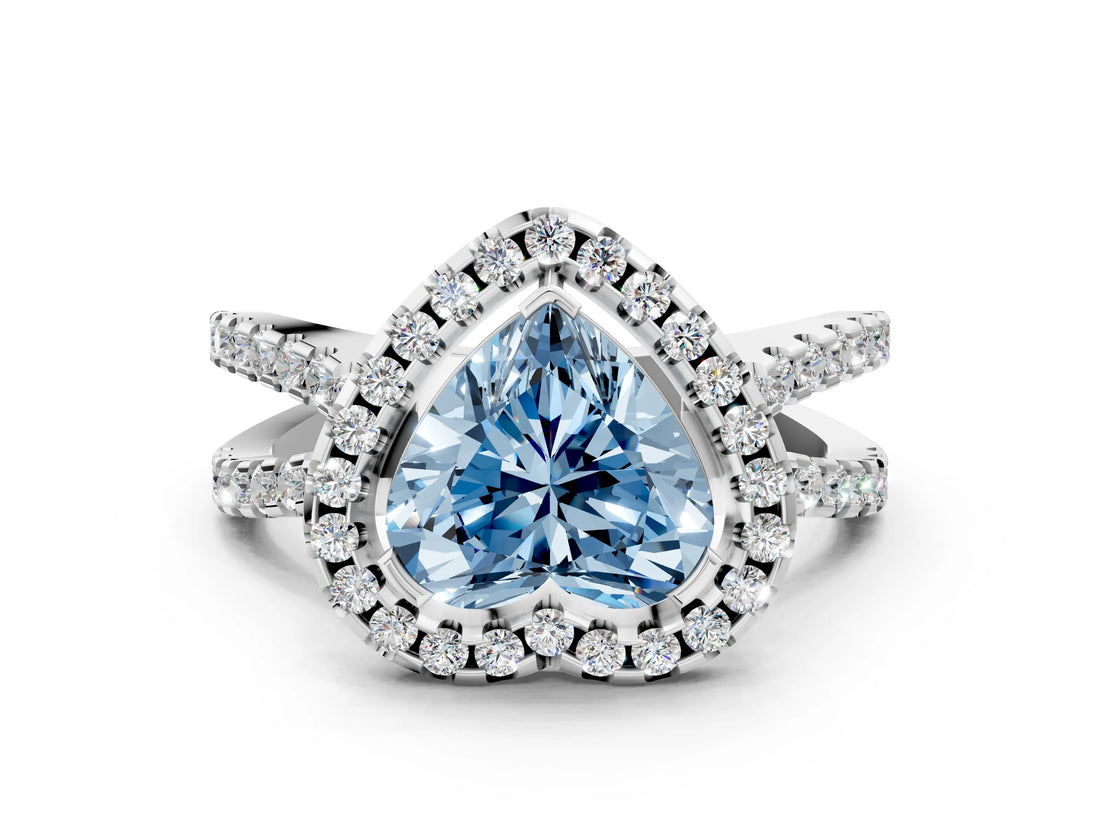 White gold Fancy Blue Heart Cut Diamond Halo Ring with Split Shank Pavé Band and Prong Setting_79
