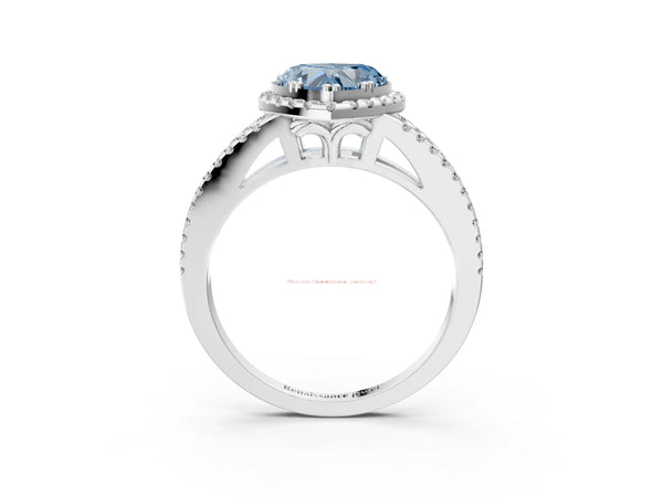 Platinum Fancy Blue Heart Cut Diamond Halo Split Shank Engagement Ring