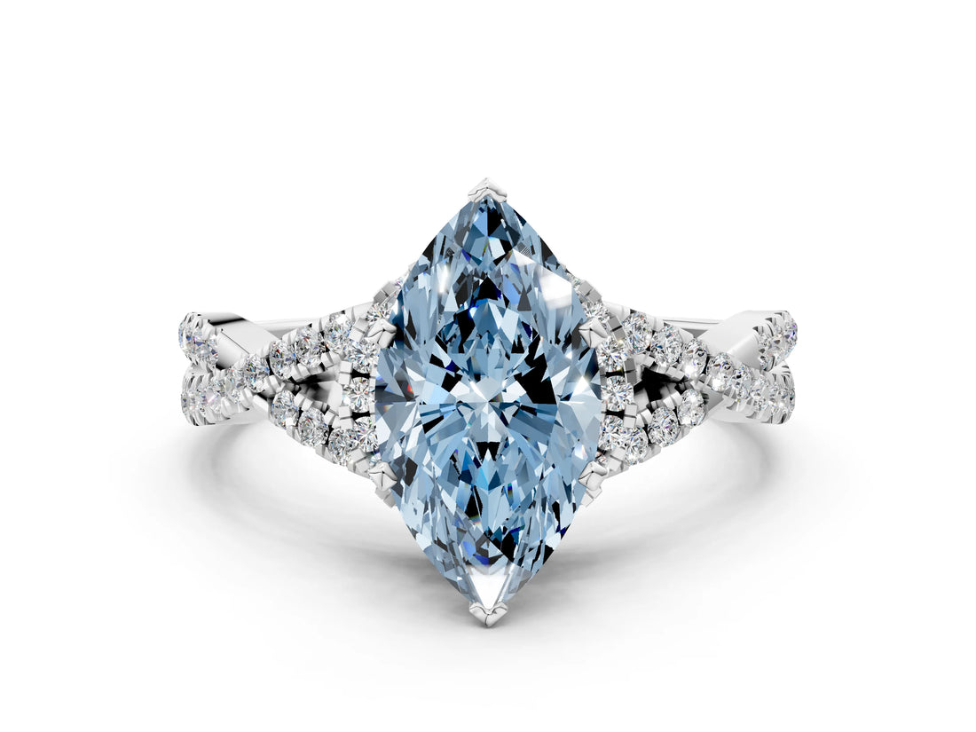 White gold Fancy Blue Heart Cut Diamond  Halo Twist Band Solitaire Prong Setting Ring_12