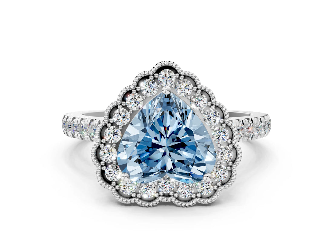 White gold Fancy Blue Heart  Cut Diamond Milgrain Floral Halo Engagement Ring with Pavé Band_15