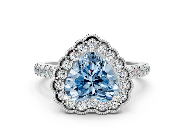 White gold Fancy Blue Heart  Cut Diamond Milgrain Floral Halo Engagement Ring with Pavé Band