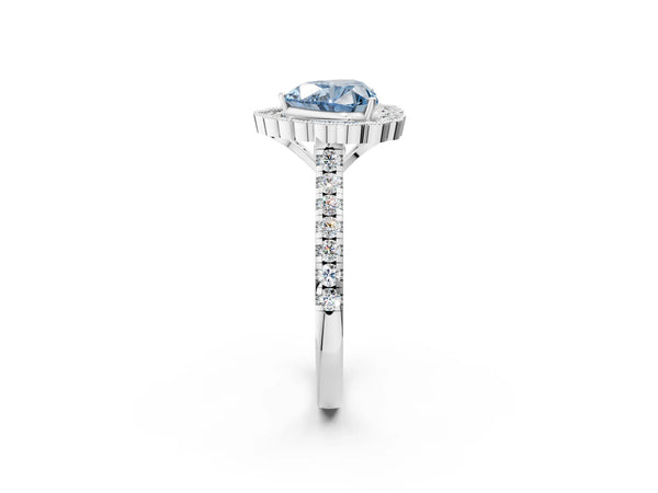 White gold Fancy Blue Heart  Cut Diamond Milgrain Floral Halo Engagement Ring with Pavé Band