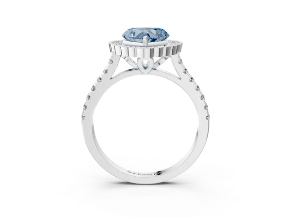 White gold Fancy Blue Heart  Cut Diamond Milgrain Floral Halo Engagement Ring with Pavé Band