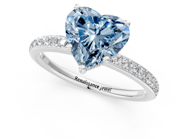 White gold Fancy Blue Heart  Cut Diamond Pavé Band Ring with Four-Prong Setting