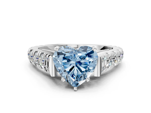 White gold Fancy Blue Heart Cut Diamond Classic Solitaire Ring with Pavé Band and Four-Prong Setting