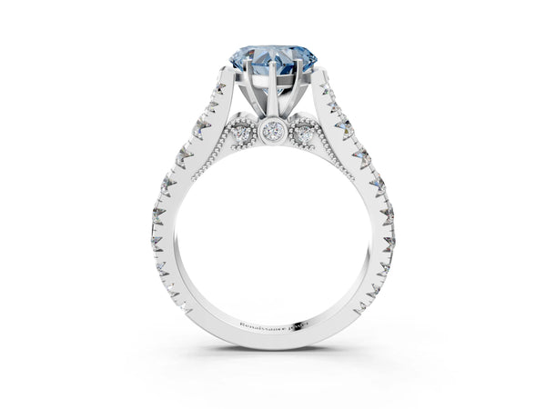 White gold Fancy Blue Heart Cut Diamond Classic Solitaire Ring with Pavé Band and Four-Prong Setting
