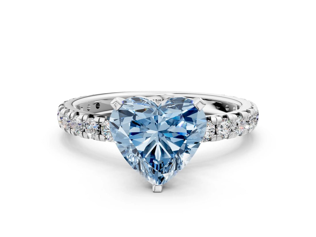 White gold Fancy Blue Heart Cut Diamond Pavé Solitaire Ring with Round Band and Prong Setting_12