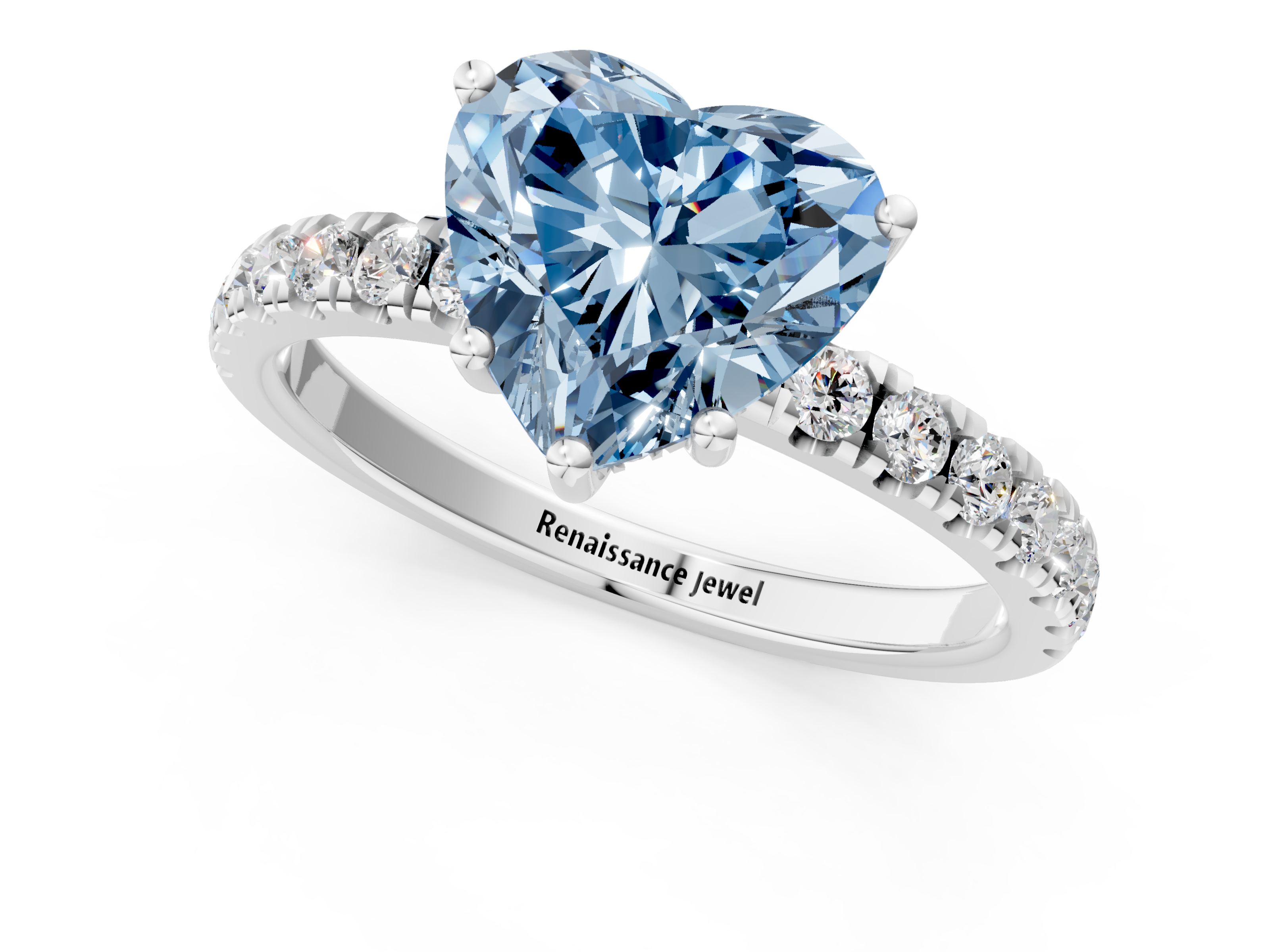 White gold Fancy Blue Heart  Cut Diamond Pave Band Solitaire Ring with Four-Prong Setting_18